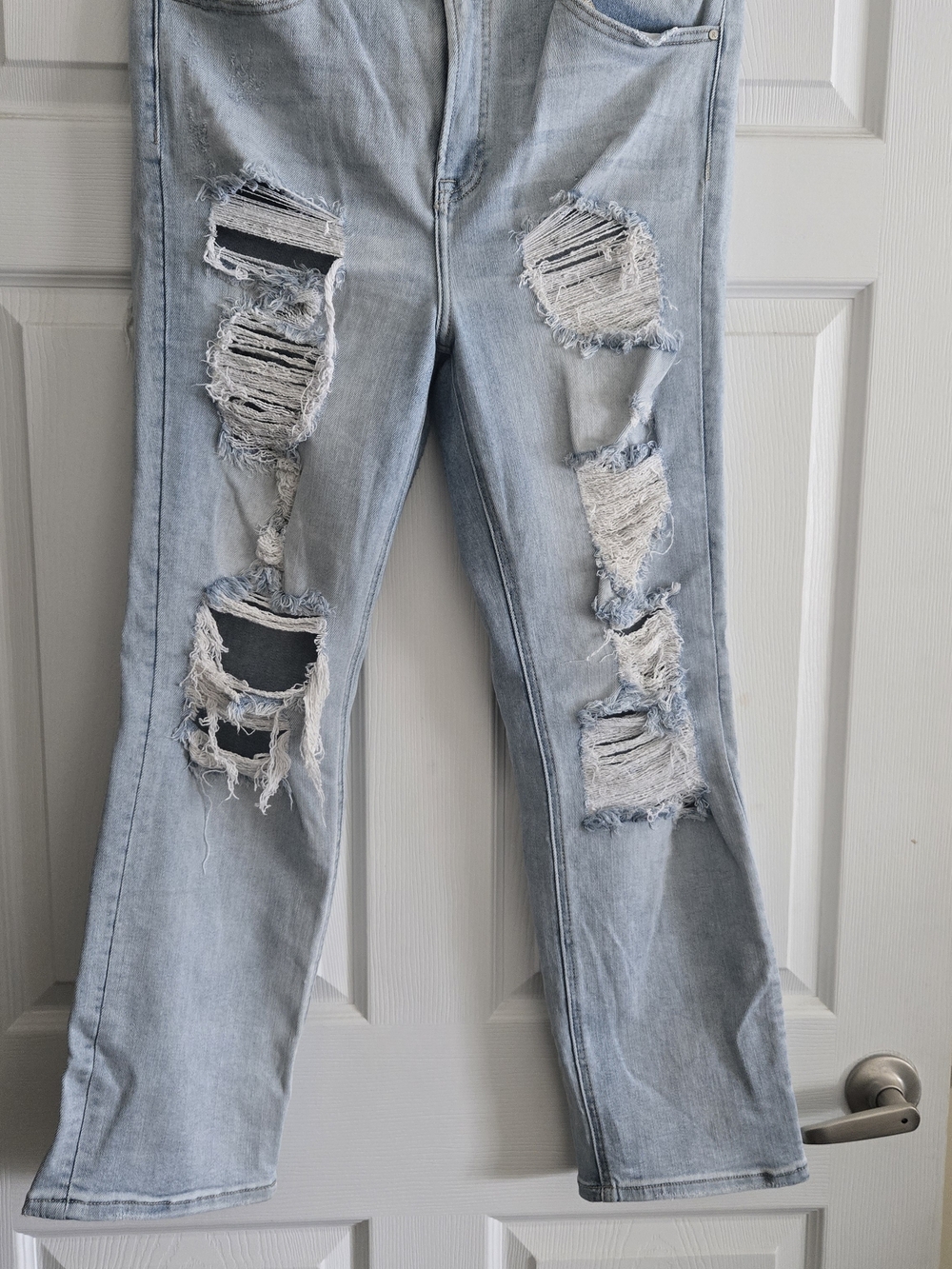 Light Denim Distressed Straight-Leg Jeans - Pale Blue